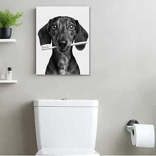 Funny Dog Toothbrush Bathroom Canvas Wall Art, Cute Dachshund Framed Art Painting Wall Decor Humorous Dog Lover Pictures Home Living Room Bathroom Farmhouse Decor