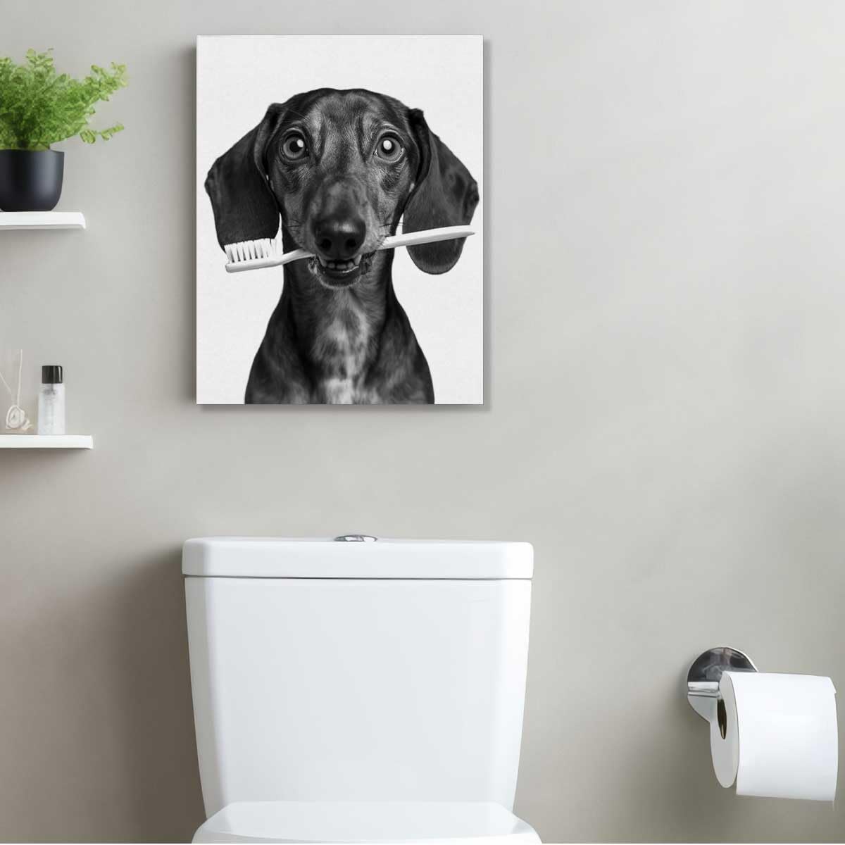 Funny Dog Toothbrush Bathroom Canvas Wall Art, Cute Dachshund Framed Art Paintin