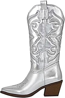 Ulalaza Women's Boots Western Cowboy Boots Mid Calf Cowgirl Boots Block Chunky Heel Embroidered Floral Mid Heel Casual Boots High Pointed Toe Boot Dress Boots Knee High Square Toe Short Booties