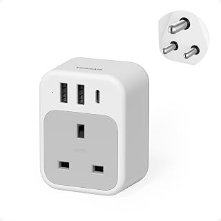 TESSAN UK to India Plug Adapter, Grounded Type D Travel Adapter with USB C | India Travel Adapter for UK to Sri Lanka, Pakistan, Burma, Maldives, Iraq, Namibia, Nepal, Yemen, Zambia (Type D)