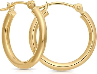 14k Yellow Gold Classic Real Gold Shiny Polished Hoop Earrings, Plain Round Gold Hoops