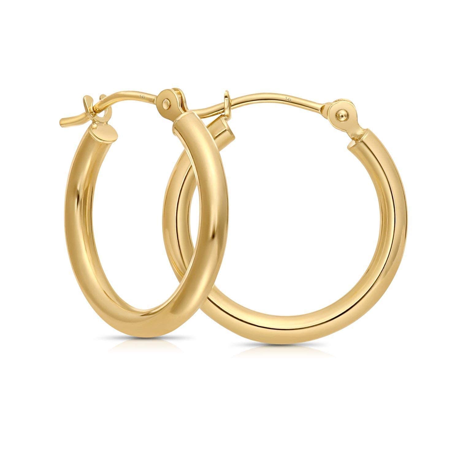 14k Yellow Gold Classic Real Gold Shiny Polished Hoop Earrings, Plain Round Gold