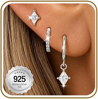 Angelady 3 Pairs 925 Sterling Silver Hoops Earrings for Women, 14K Gold Hoop Earrings Sets for Multiple Piercings Hypoallergenic Dainty Small CZ Silver Stud Earring Huggie Hoop Women Jewellery Gifts