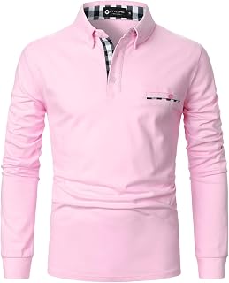STTLZMC Men's Long Sleeve Polo Shirts Casual Fit Plaid Collar Cotton Golf T-Shirts