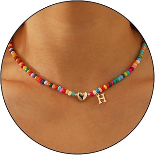 Colourful Pearl Necklace for Women Girls Initial Necklaces Colourful Beads Charm Letter Alphabet Choker Bohemian Gold-Plated Pendant with Heart-Shaped Metal Y2K Boho Necklace Girlfriend Wife