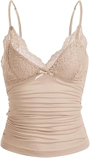 Naileksi - Y2k style thin straps tank top with lace, ruched V neck, bow and lace patchwork, fairy grunge spirit