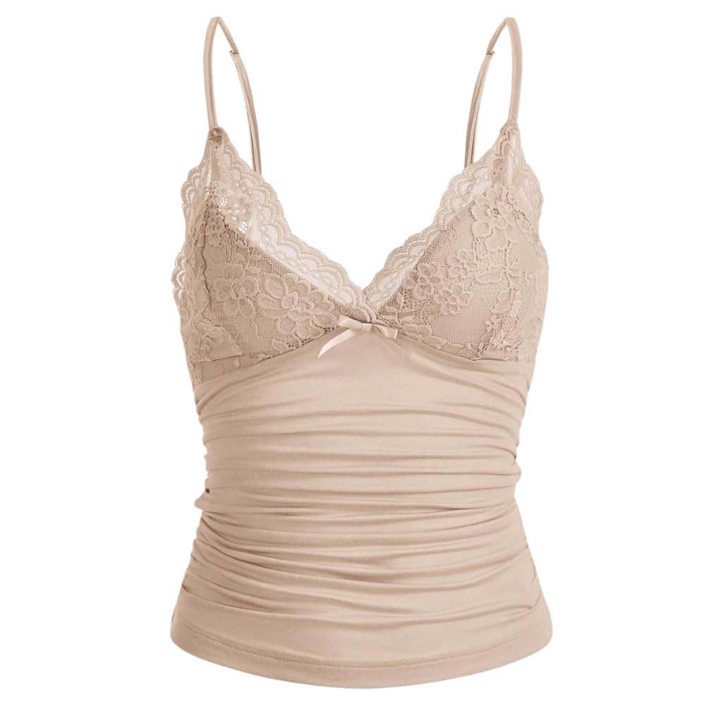 Naileksi - Y2k style thin straps tank top with lace, ruched V neck, bow and lace