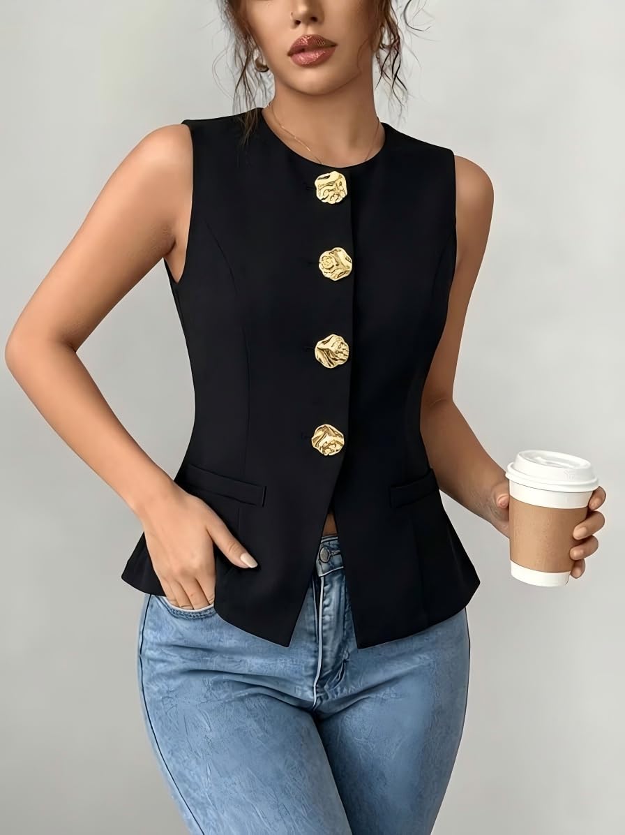 Women Office Casual Sleeveless Blazer Solid Color French Style Thin Vest Jacket 