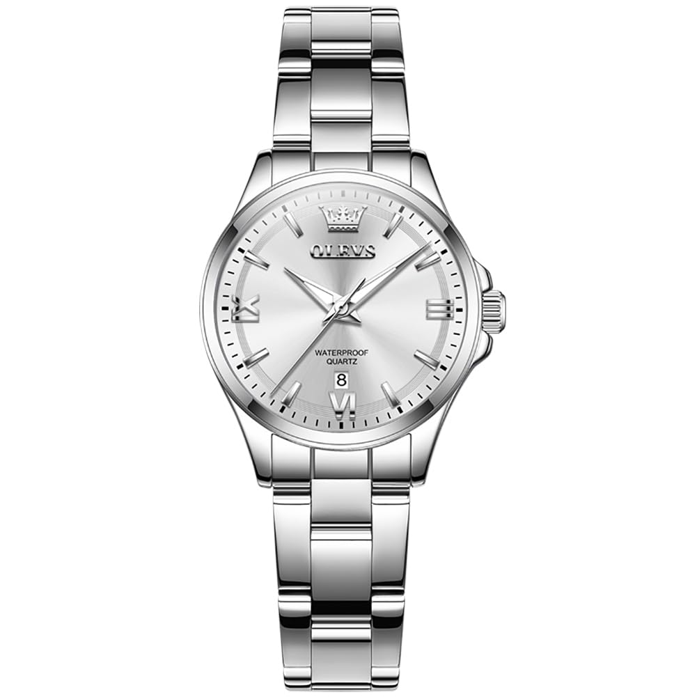 OLEVS Stainless Steel Watches for Women, Luxury Silver Watch for Women with Date