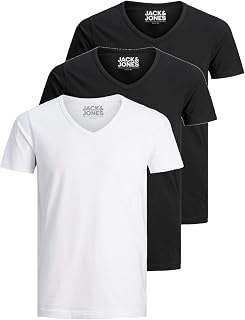 Jack and Jones Men's Basic V-Neck T-Shirt, Pack of 3, Plain, Slim Fit, White, Black, Blue, Grey
