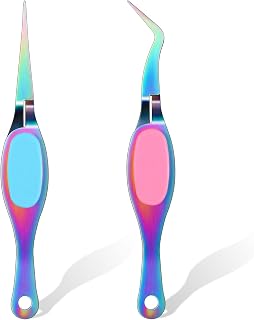 Chumia 2 Reverse Craft Tweezers Scrapbooking Curved Straight, Colorful | Stainless Steel, Soft Grip, Self-locking, for Diamond Painting, Stickers Jewelry Card Making, Scrapbooking Journaling Beading