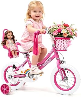 WinHope Fairy Girls Bike with Doll Seat, 12-20 Inch Kids Bike for Ages 2-12 | Dual Brake with Training Wheels / Kickstand & Streamers Birthday Gift for Toddler Outdoor Riding, Multiple Colors