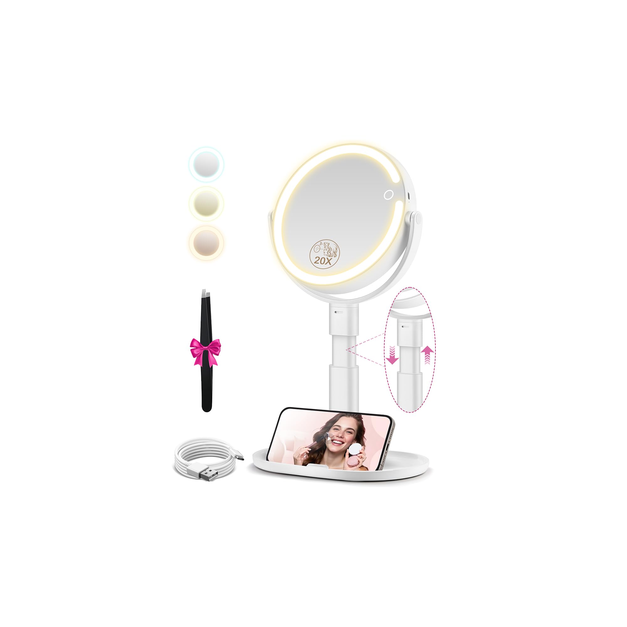 MOMOKUBA Makeup Mirror with Lights, 20X Magnifying Mirrors, Height Adjustable, V