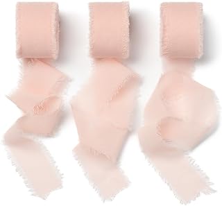 AOKSUNOVA Pink Ribbon Chiffon Handmade Frayed Fringe Fabric Ribbons for Gift Wrapping Floral Ribbon 1" x 7Yd Cloth Wrapping Ribbon for Presents