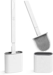 Toilet Brush, 2 Pack Bathroom Silicone Toilet Brushes and Holder Sets with No-Slip Long Plastic Handle and Soft Flexible Bristles, Toilet Brushes with holders and Base for Anti-drip (White)