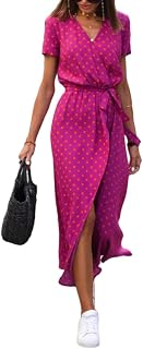 ORANDESIGNE Women's Summer Dress Casual V-Neck Long Dress Elegant Short Sleeve Boho Floral Printed Midi Dress Holiday Beach Casual Dresses with Belt