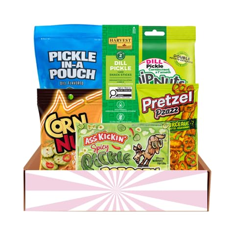 Pickle Snack Gift Basket, Variety Pack With Pickle-flavoured snacks, 6 Treats Gi