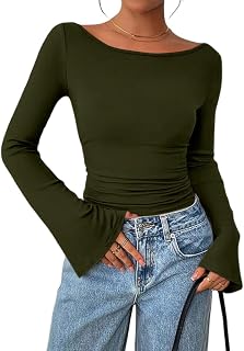 Women Long Sleeve Shirts Crop Going Out Tops Casual Boat Neck Ribbed Sleeve Ruched Clothes