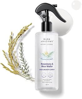 Bare Anatomy Nature x Science Rosemary Water Spray for Hair Growth & Hair Thickness with Rice Water |100% Natural Extract | Soft & Smooth Hair| Controls Hairfall| Non-Greasy & Fast Absorbing | 200ml