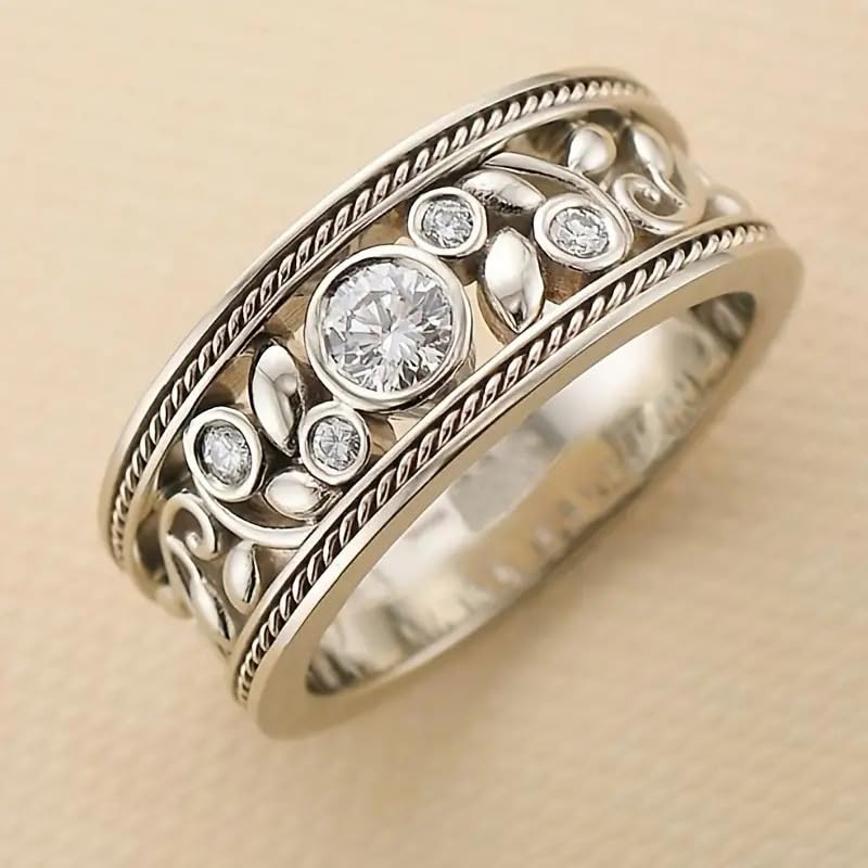 Gziweuwi Flower Rings Moissanite or Simulated Diamond Sterling Silver Wide Bezel