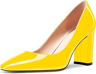 NobleOnly Women's High Chunky Block Heel Square Closed Toe Cap Slip-on Pumps Classic Cute Dress Shoes