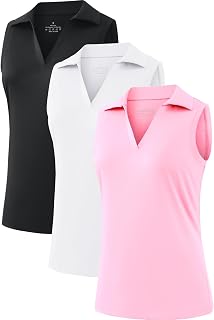 Womens Golf Shirt Sleeveless Collared V Neck Polo Tennis Tank Tops 3 Pack