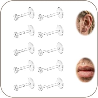 AceFun Bioflex Clear Earrings Plastic Earrings for Sports Work School Clear Piercing Jewelry Labret Studs for Ears 6mm 8mm 10mm Cartilage Helix Tragus Lip 18g Flat Push-In Piercing Retainers