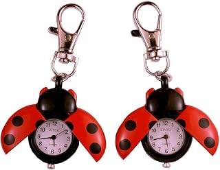 ZIMIG 2 PCS Novelty Ladybug Animal Keychain Watch Key Buckle Clip on Pocket Watch Pendant Clock Unisex