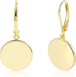 14K Gold 925 Sterling Silver Dangle Earrings for Women, Lightweight Circle Disc Coin Geometric Flat Brushed Drop Earrings, Hypoallergenic Leverback Earrings S925 Jewelry