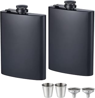 ROMORC 2 Pack Hip Flasks for Liquor Matte Black 8 Oz Stainless Steel Leak-proof Thin Flasks with 2pcs Funnels and Cups for Wedding Party, Groomsman, Bridesmaid, Gift (Black)