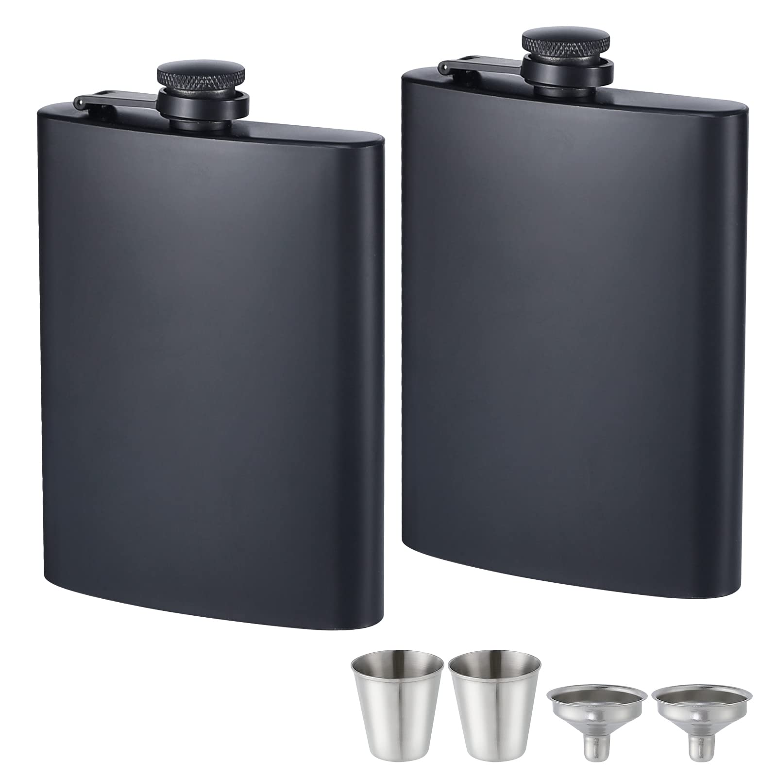 ROMORC 2 Pack Hip Flasks for Liquor Matte Black 8 Oz Stainless Steel Leak-proof 