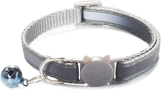 Cat Collar 1 Piece with Bells Adjustable Size Nylon Buckles Reflective Kitten Decoration (Grey)