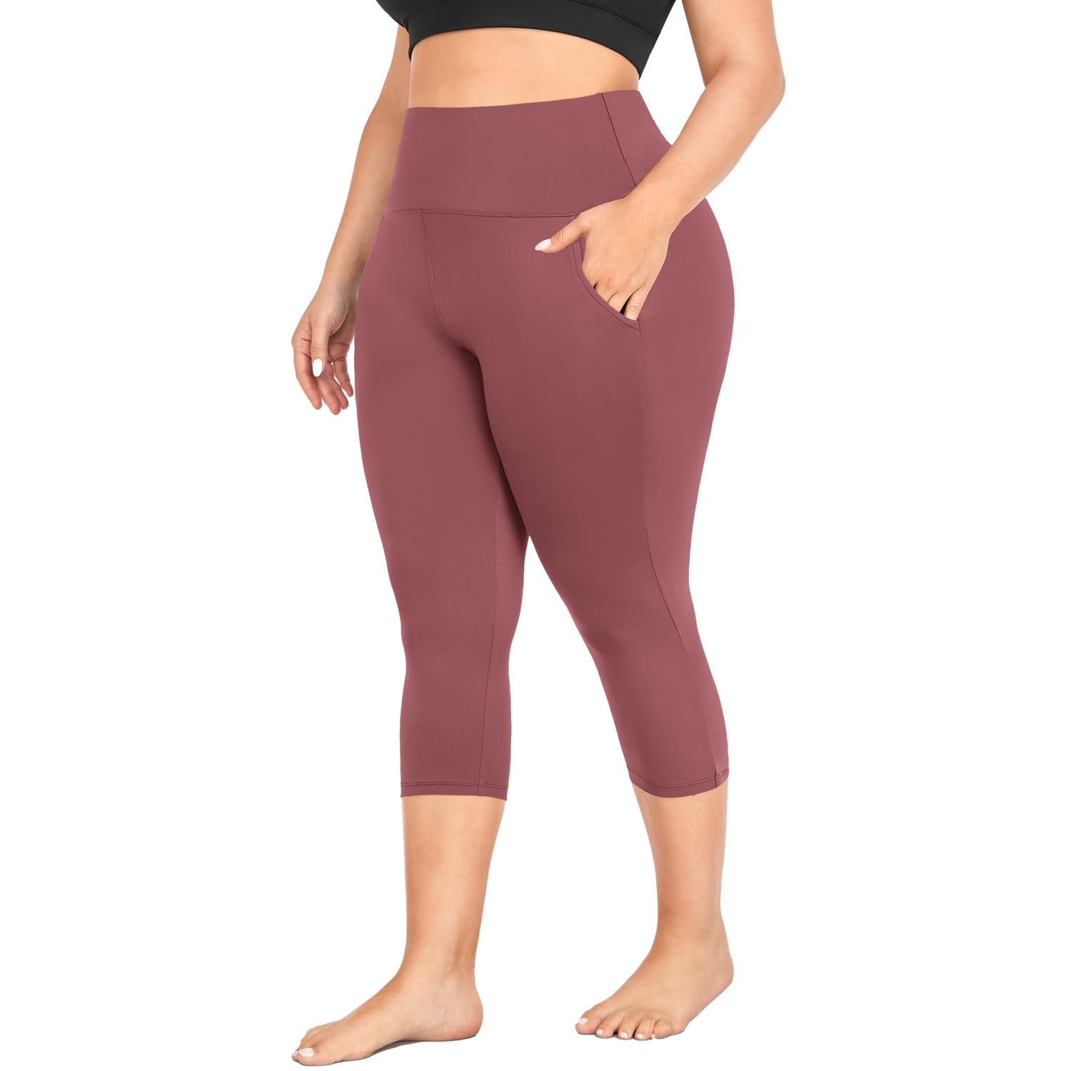 MOREFEEL カプリ プラスサイズ レギンス 女性用 ポケット付き - ストレッチ XL-4XL 腹部コントロール ハイウエスト ワークアウト ブラック ヨ