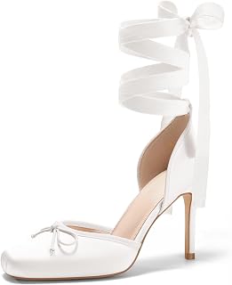 Coutgo Scarpe da ballo da donna, con tacco alto, in raso, punta quadrata, fiocco