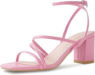 LACUONE Strappy Heels for women Block Heels Square Toe Chunky Ankle Buckle Pump Heeled Sandals