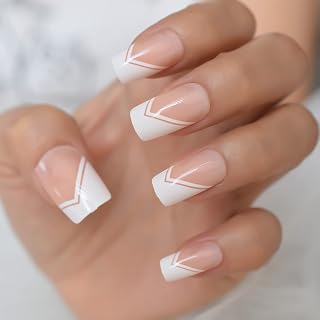 Glossy Nude French Press On Nail Medium Length Scobaru False Nail Acrylic Fake Nail Art Tips Manicure Kit
