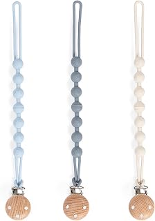 Pacifier Clip, 3 Pack Silicone Pacifier Clips with Wooden Design Pacifier Holder Clip, Soother Clips for Baby Boy & Girl (White+Light Blue+Grayish Blue)