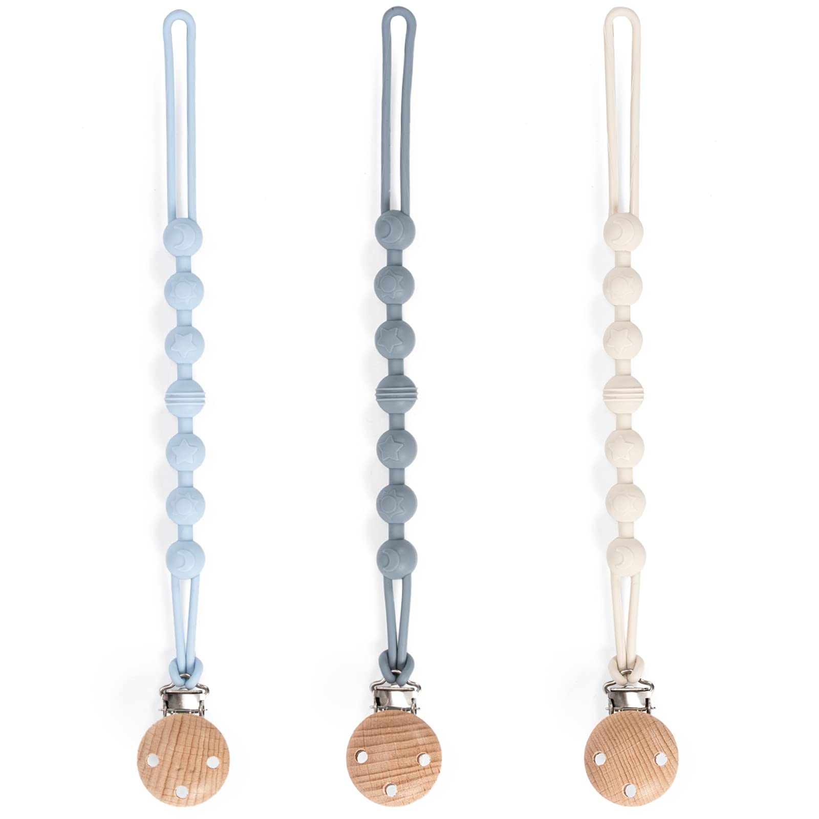 Pacifier Clip, 3 Pack Silicone Pacifier Clips with Wooden Design Pacifier Holder