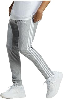 adidas Men's Essentials Single Jersey Tapered Open Hem 3-Stripes Pants, Medium Grey Heather/White, M