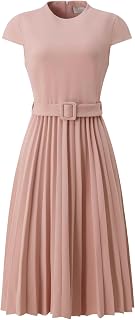 Hobemty Women's Pleated Dress Mock Neck Cap Sleeve Belted A-Line Dresses