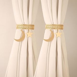 Non-Perforated Adjustable Curtain Tiebacks Metal Moon Star Buckle Fastener Home Window Decor (2 Pieces, Gold)