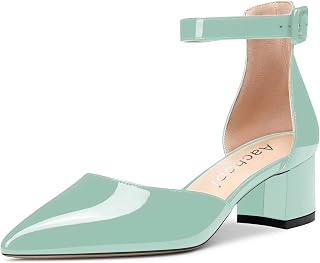 Aachcol Women's Ankle Strap Pumps Closed Toe Chunky Block Mid Heel D'Orsay Two-Piece 5 cm