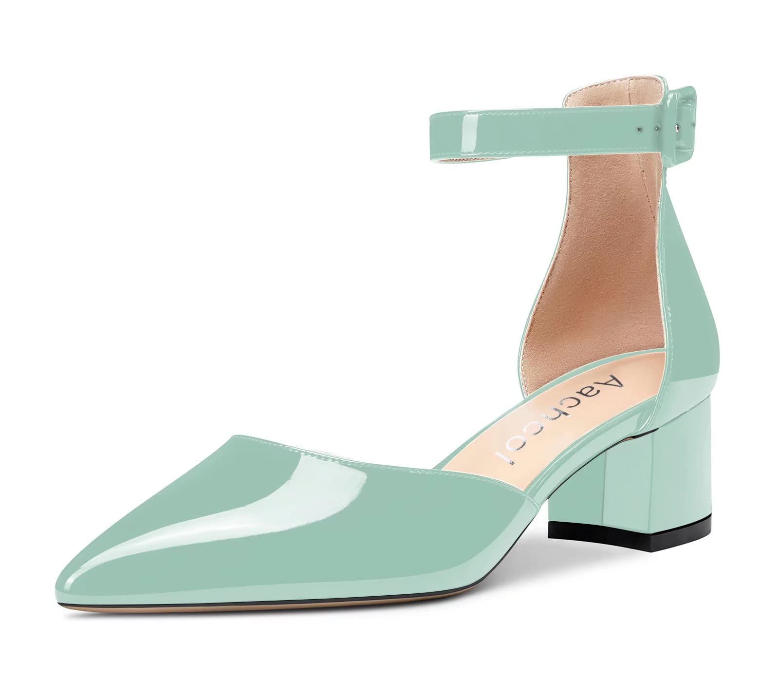 Aachcol Women's Ankle Strap Pumps Closed Toe Chunky Block Mid Heel D'Orsay Two-P