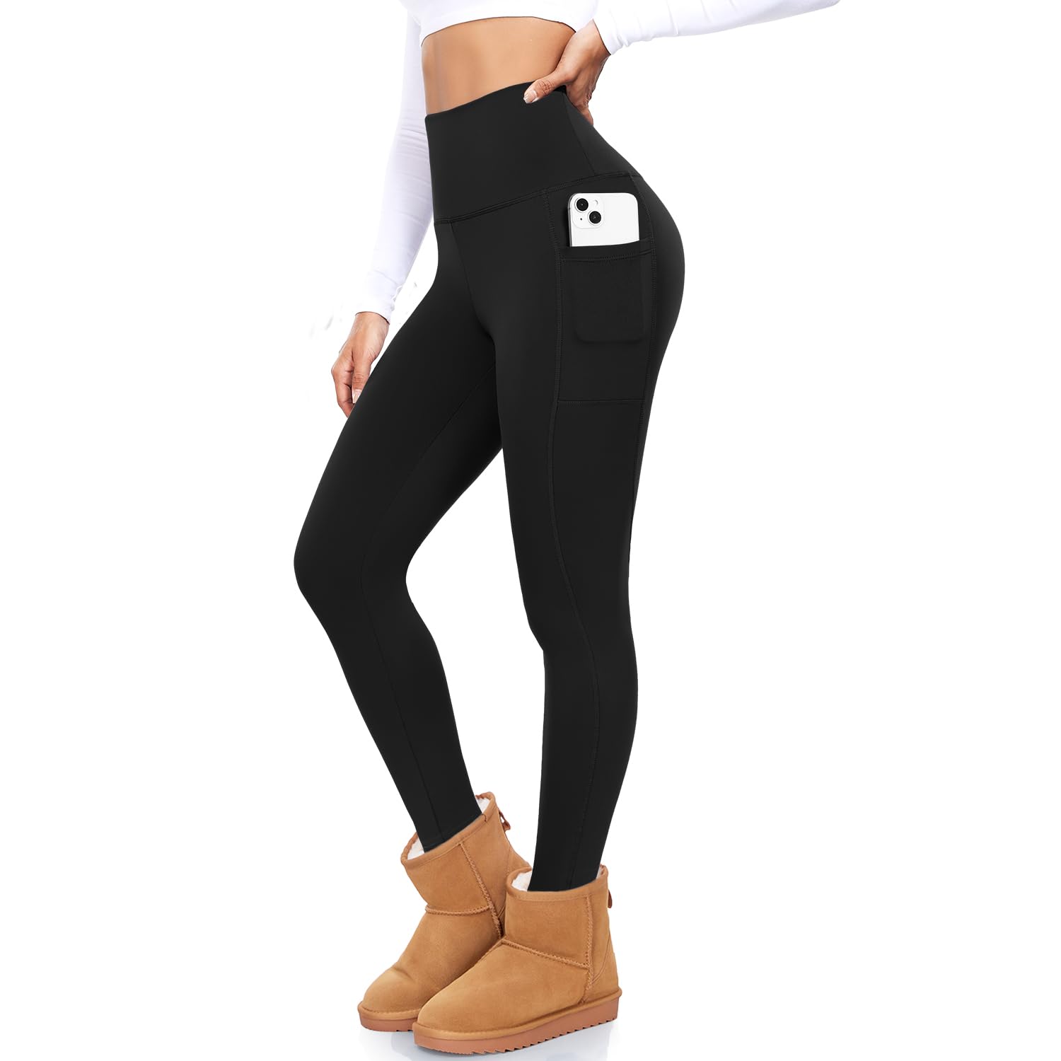 BLONGW Women's Fleece Lined Leggings High Waist Thermal Black with Pockets, Ladi