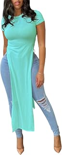OPOIPIN Women's Crew Neck Split Slit Hem Short Sleeve Slim Fit Tee Top Long Shirt Tunic