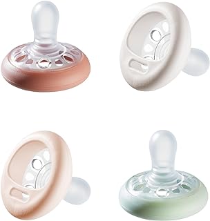 Tommee Tippee Breast-Like Pacifier, 0-6 Months, Silicone, Pack of 4 | Symmetrical Design, Natural Breast-Like Baglet, BPA-Free Soother, Rose/Green/Cream