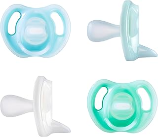 Tommee Tippee Ultra-Light Silicone Pacifier, 0-6 Months Blue & Green | Symmetrical One-Piece Design, BPA-Free Silicone Binkies, Pack of 4