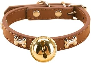 Dog Bone Collar with Golden Bell Alloy Chain Pet Accessories PU Cat Paw Print (L, Brown)