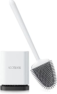 ASOBEAGE Silicone Toilet Brush: Flexible Head, Long Handle, Wall-mounted, Quick-drying Holder for Bathroom Clean (White)