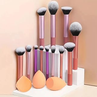 12 Pieces Classic Full Makeup Brushes Set + 2 Waterdrop Shape Makeup Eggs and 1 Professional Loose Powder Sponge (Pink, 15 Pieces, Round Brushes Set for